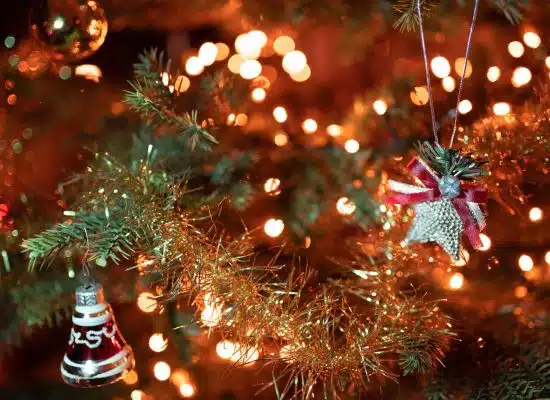 green christmas tree with string lights